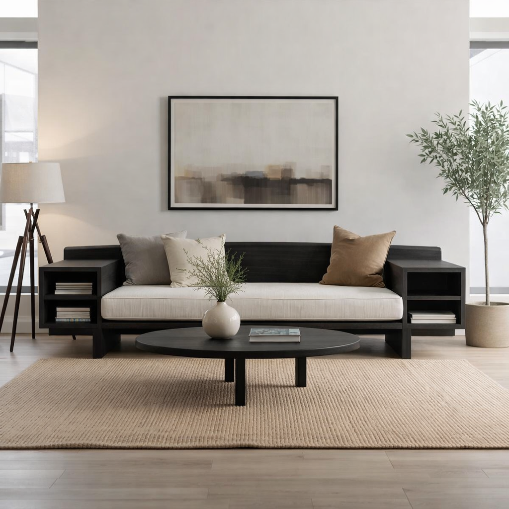 Walnut Solid Wood Sofa with Side Shelves – Modern Wooden Living Room Sofa