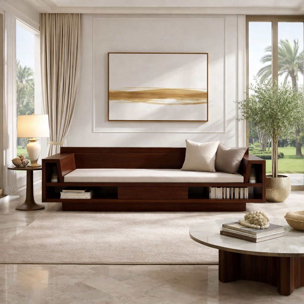 Solid Wood Storage Sofa – Modern Wooden Sofa with Shelf and Drawer