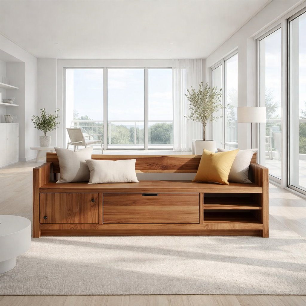 Solid Wood Storage Sofa Bench – Modern Wooden Sofa with Drawer and Open Shelves