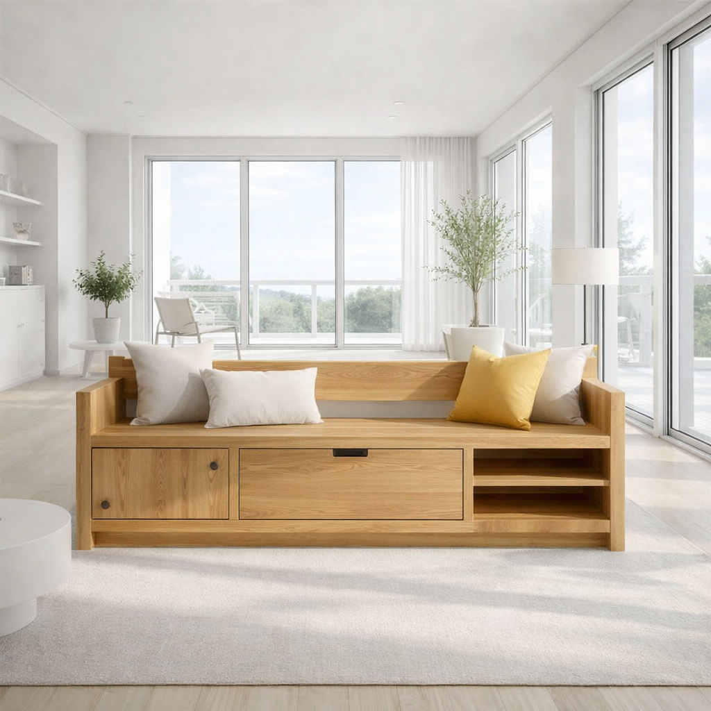 Solid Wood Storage Sofa Bench – Modern Wooden Sofa with Drawer and Open Shelves