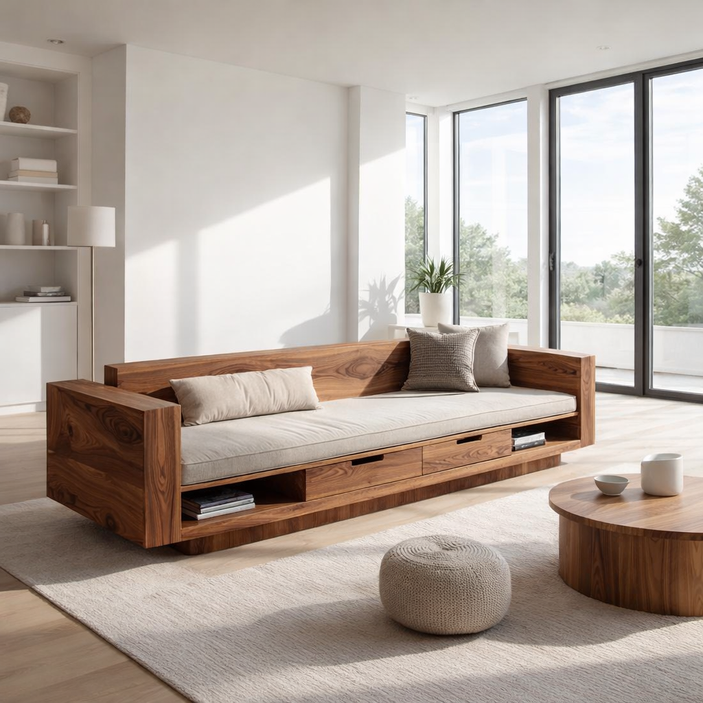 Walnut Solid Wood Storage Sofa – Modern Wooden Sofa with Drawers and Open Shelves