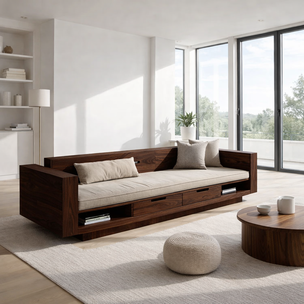 Walnut Solid Wood Storage Sofa – Modern Wooden Sofa with Drawers and Open Shelves