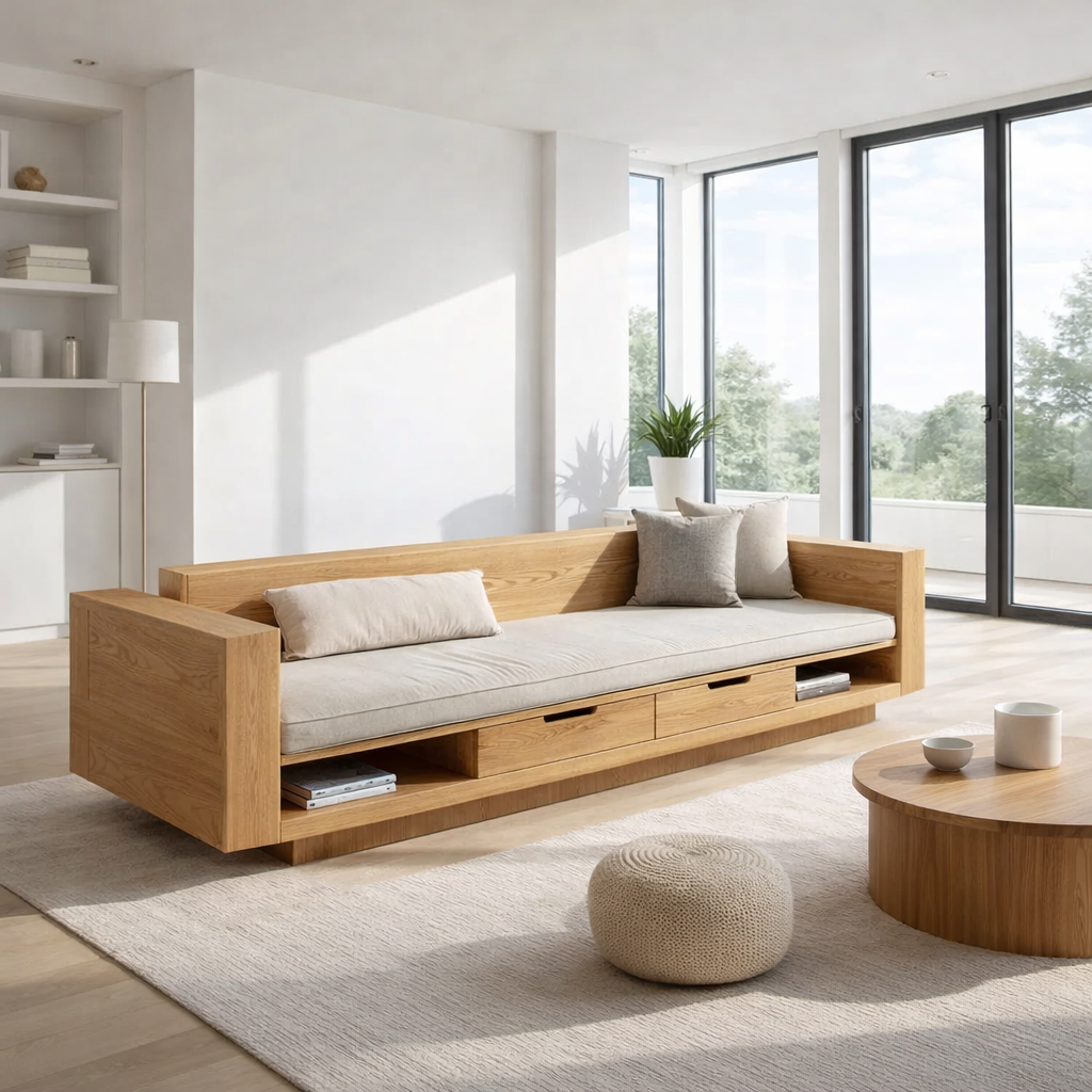 Walnut Solid Wood Storage Sofa – Modern Wooden Sofa with Drawers and Open Shelves