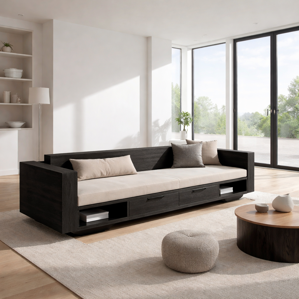 Walnut Solid Wood Storage Sofa – Modern Wooden Sofa with Drawers and Open Shelves