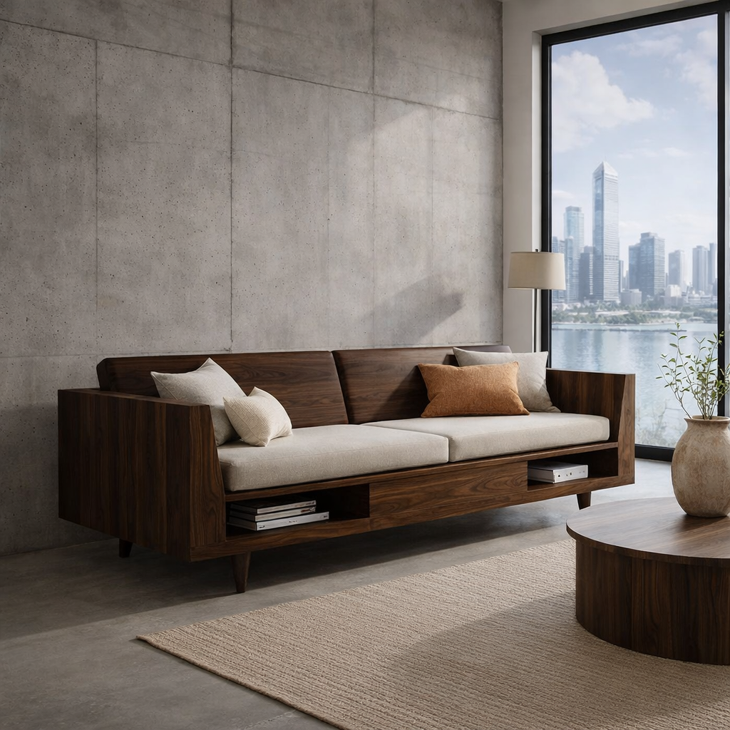 Solid Wood Storage Sofa – Modern Oak Wooden Sofa with Open Shelf