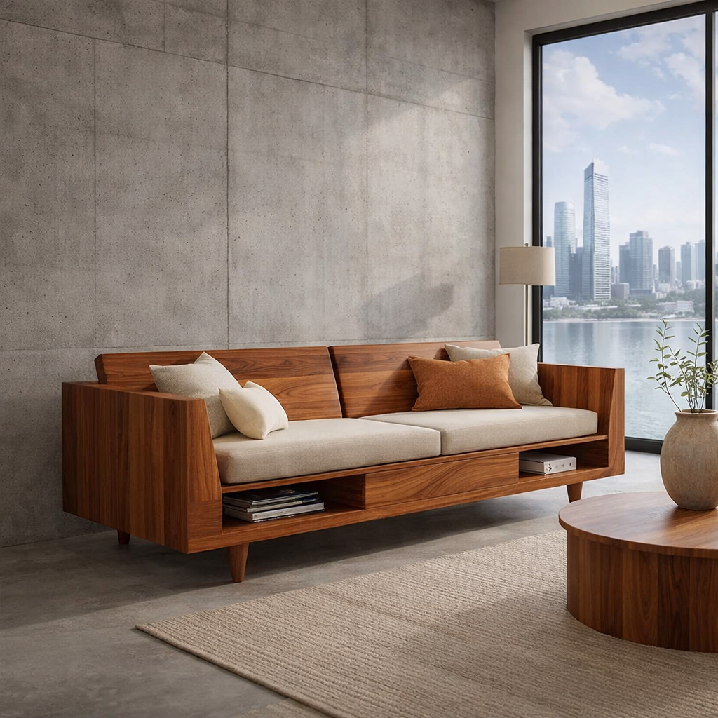 Solid Wood Storage Sofa – Modern Oak Wooden Sofa with Open Shelf