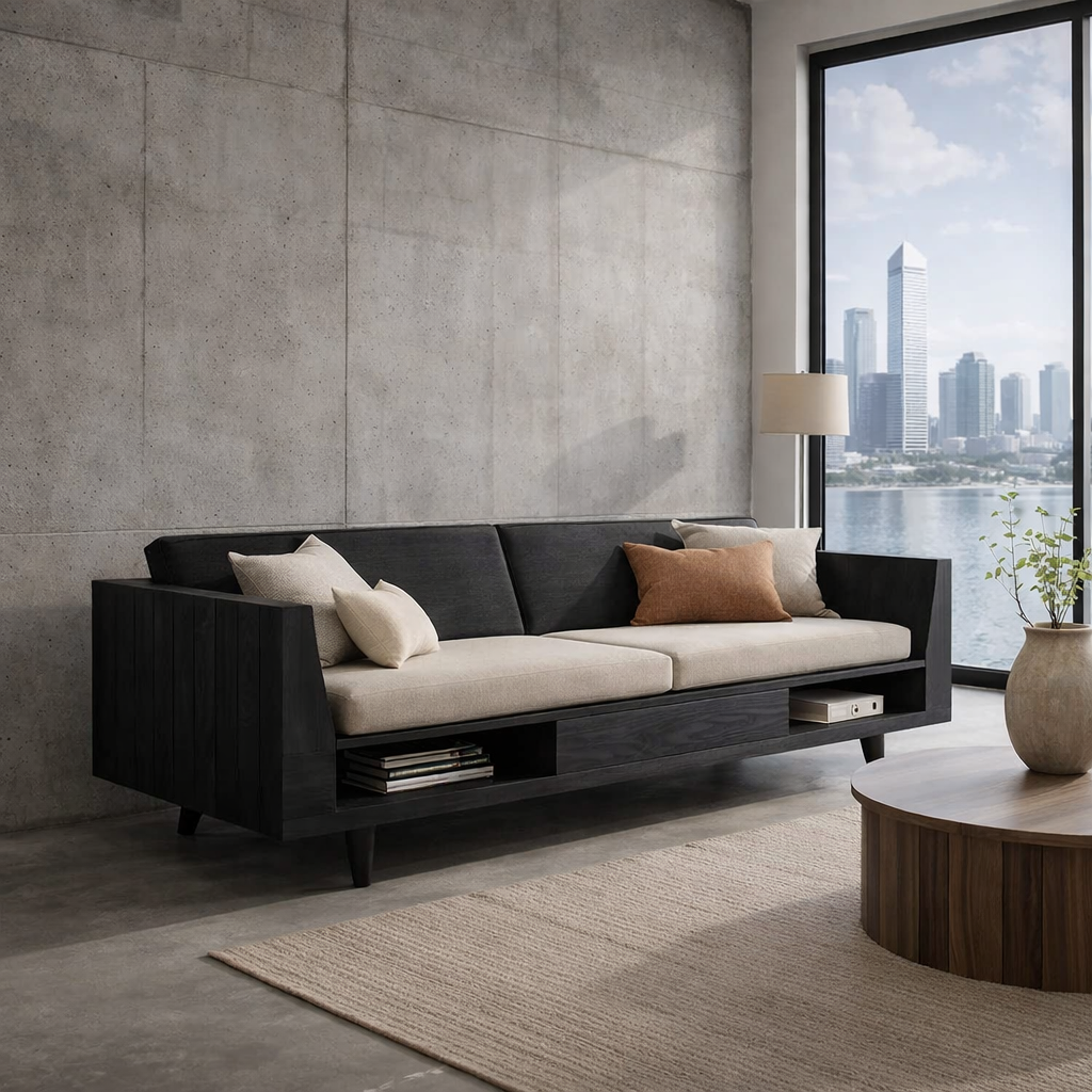 Solid Wood Storage Sofa – Modern Oak Wooden Sofa with Open Shelf