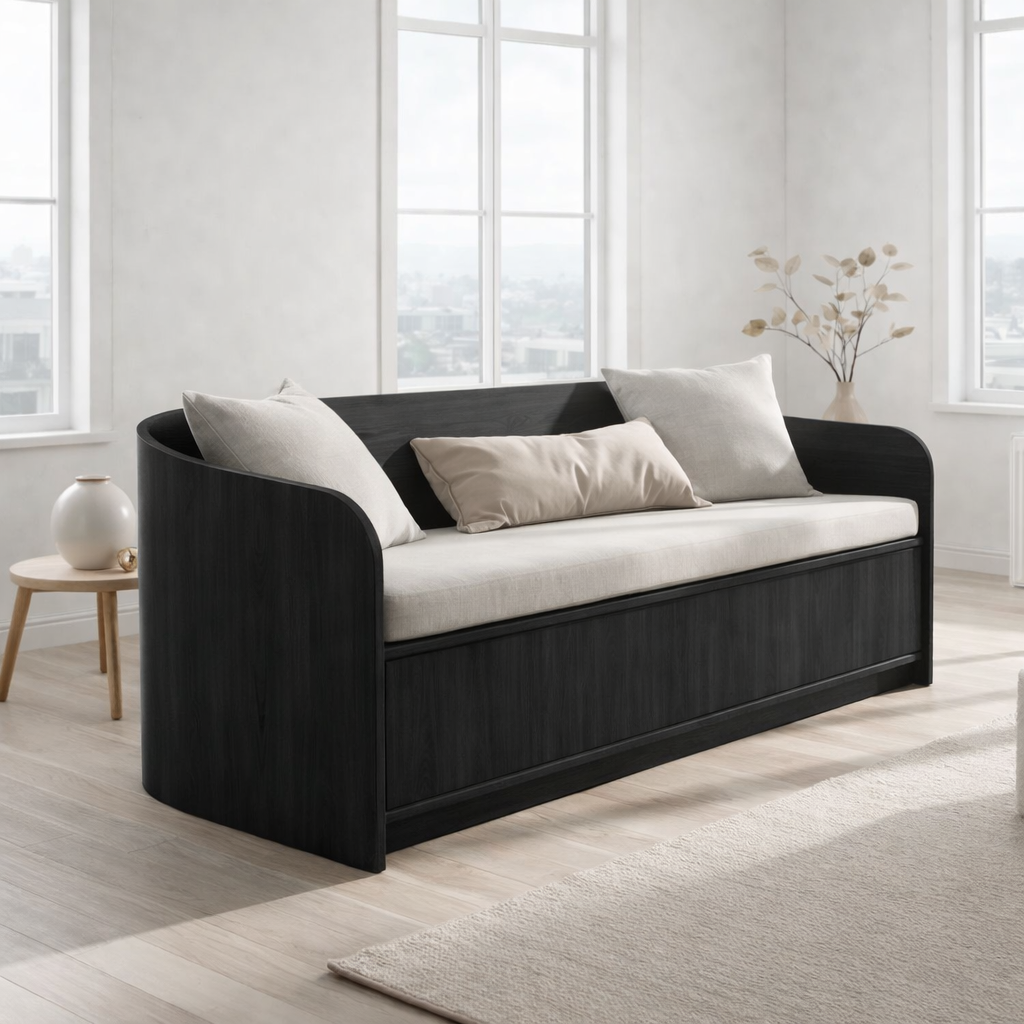 Solid Wood Storage Sofa – Curved Wooden Sofa with Hidden Storage Base