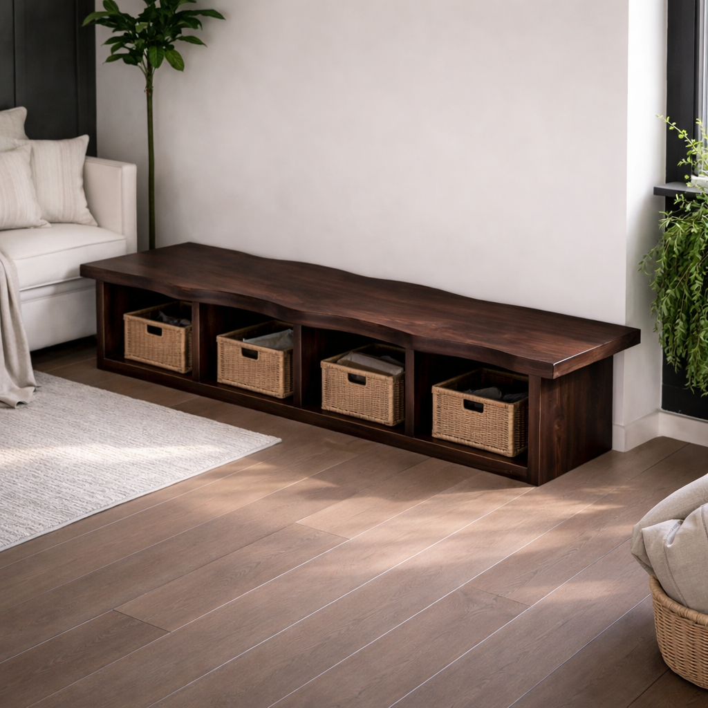 Solid Wood Storage Bench – Live Edge Wooden Bench with Open Cubby Shelves