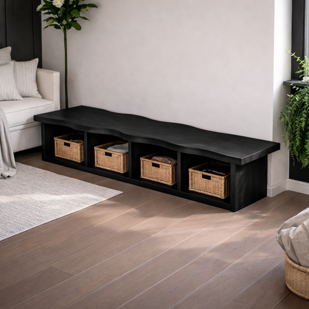 Solid Wood Storage Bench – Live Edge Wooden Bench with Open Cubby Shelves