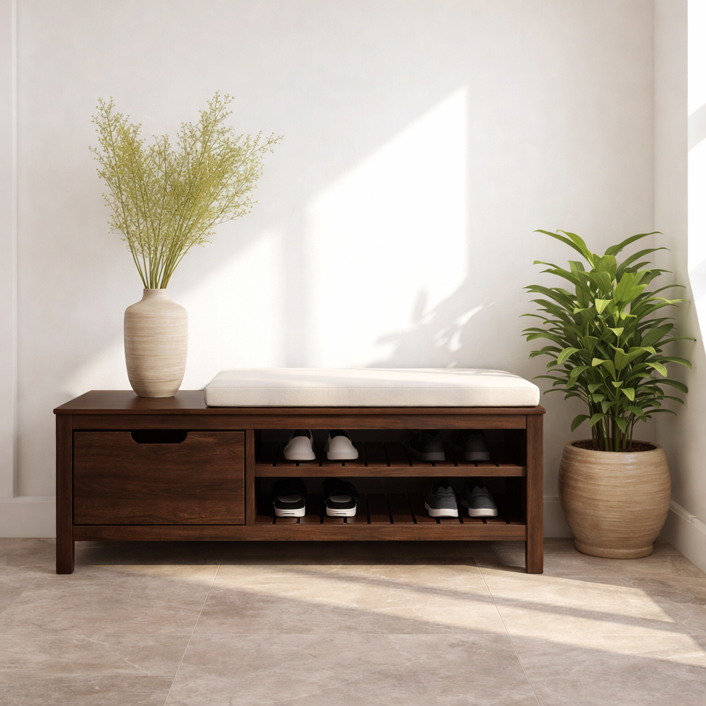 Solid Wood Shoe Storage Bench – Entryway Wooden Bench with Shoe Rack and Drawer