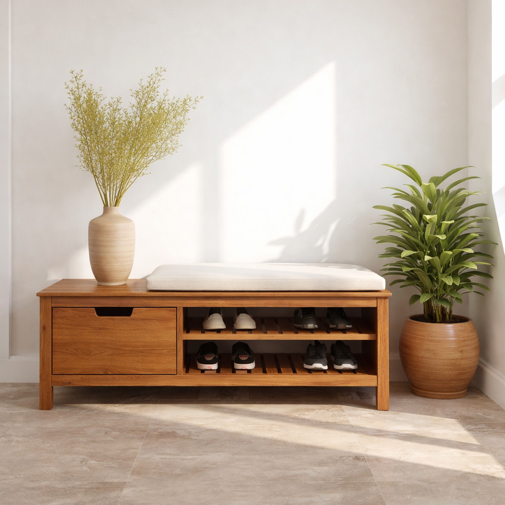 Solid Wood Shoe Storage Bench – Entryway Wooden Bench with Shoe Rack and Drawer