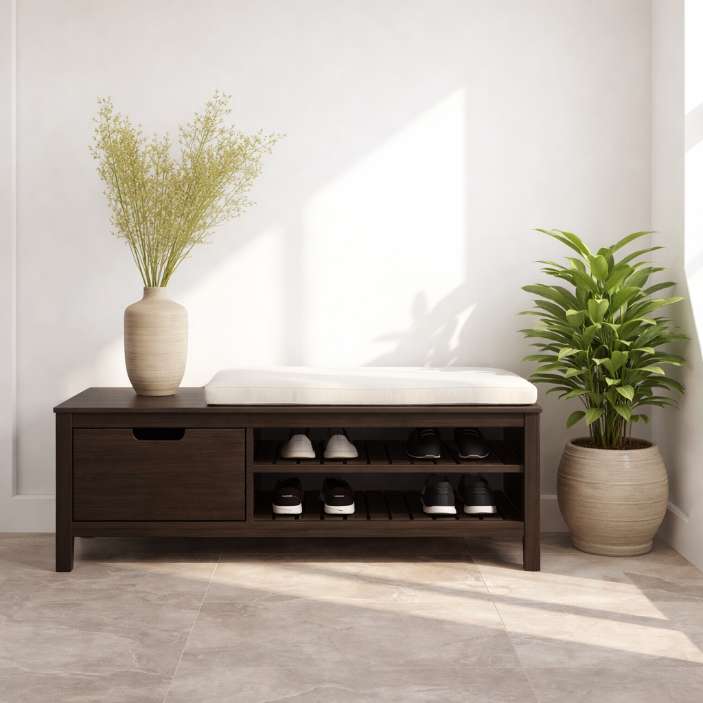 Solid Wood Shoe Storage Bench – Entryway Wooden Bench with Shoe Rack and Drawer