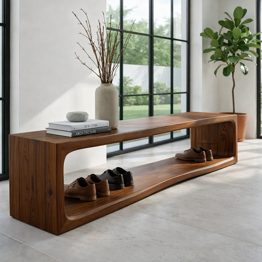 Solid Wood Console Table – Modern Waterfall Wood Console with Open Shelf
