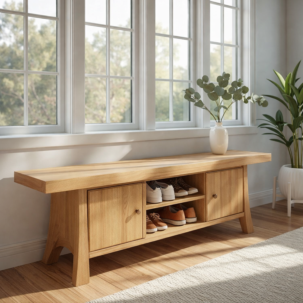 Solid Wood Shoe Storage Bench – Entryway Bench with Cabinet Doors and Open Shelf