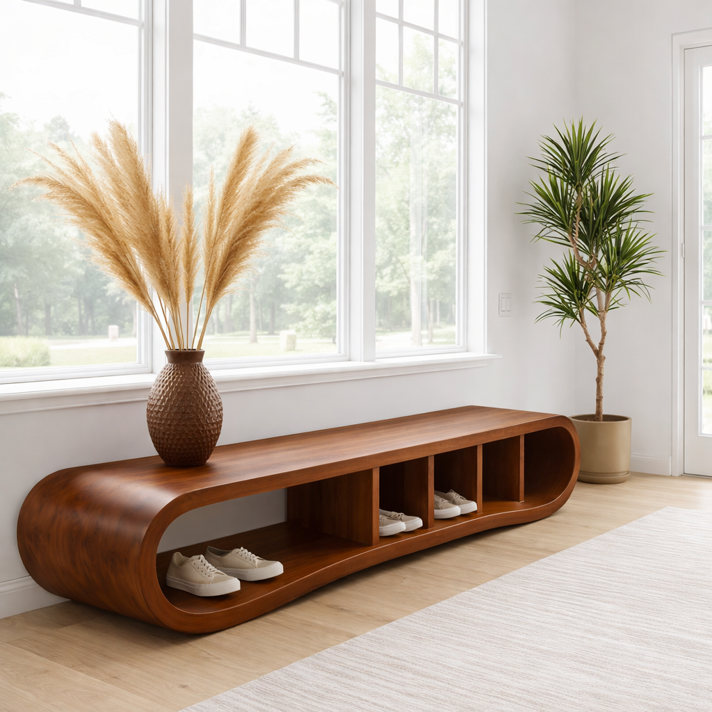 Solid Wood Shoe Storage Bench – Curved Wooden Entryway Bench with Open Cubby Shelf