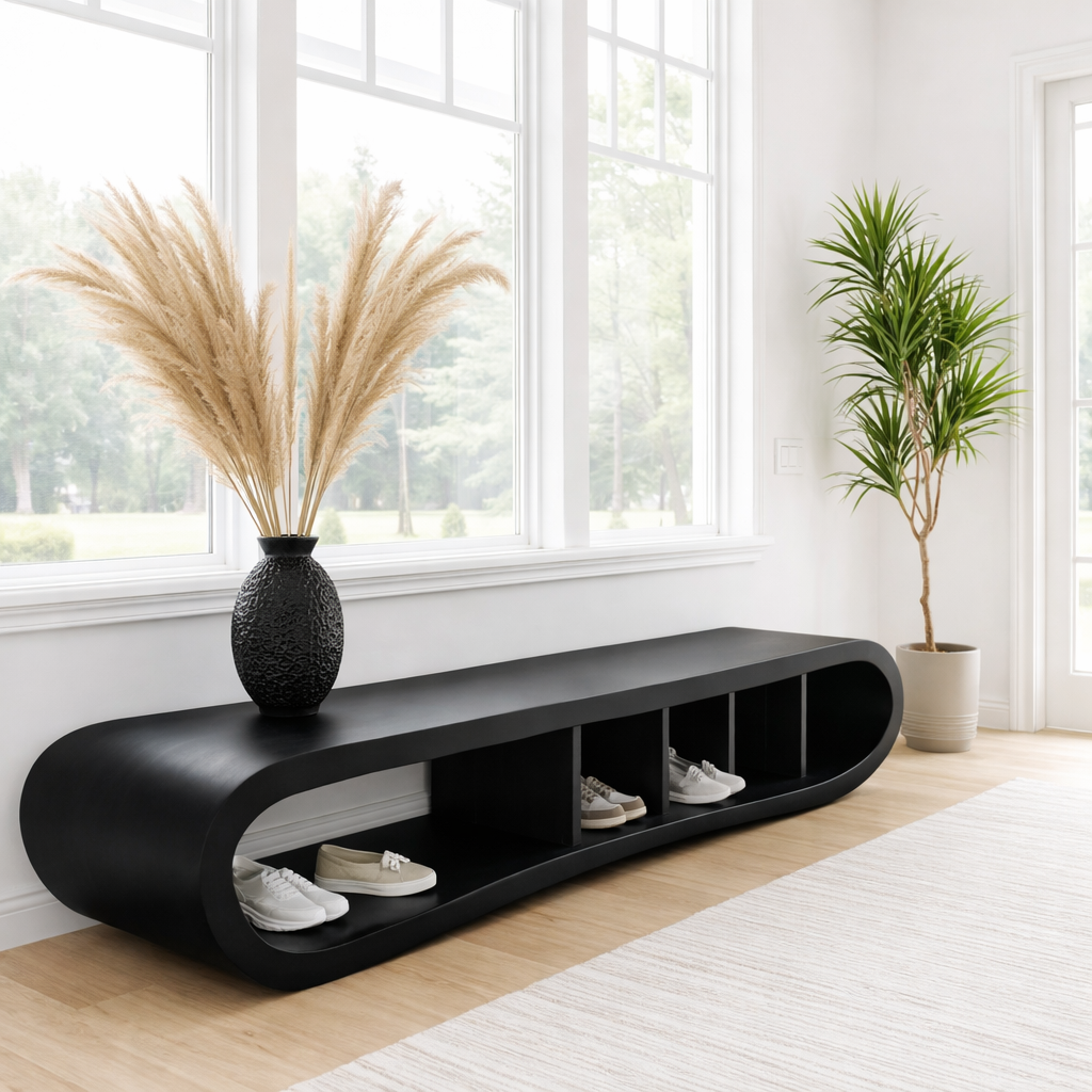 Solid Wood Shoe Storage Bench – Curved Wooden Entryway Bench with Open Cubby Shelf