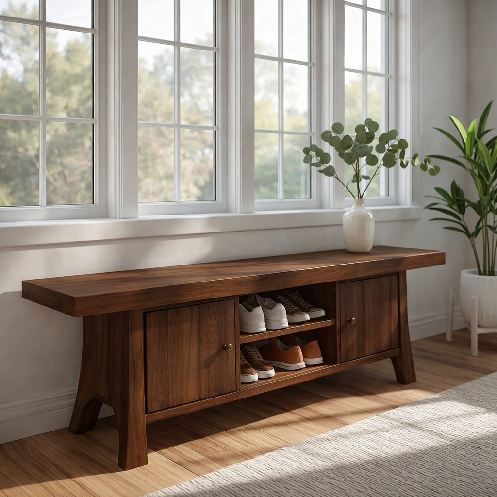 Solid Wood Shoe Storage Bench – Entryway Bench with Cabinet Doors and Open Shelf
