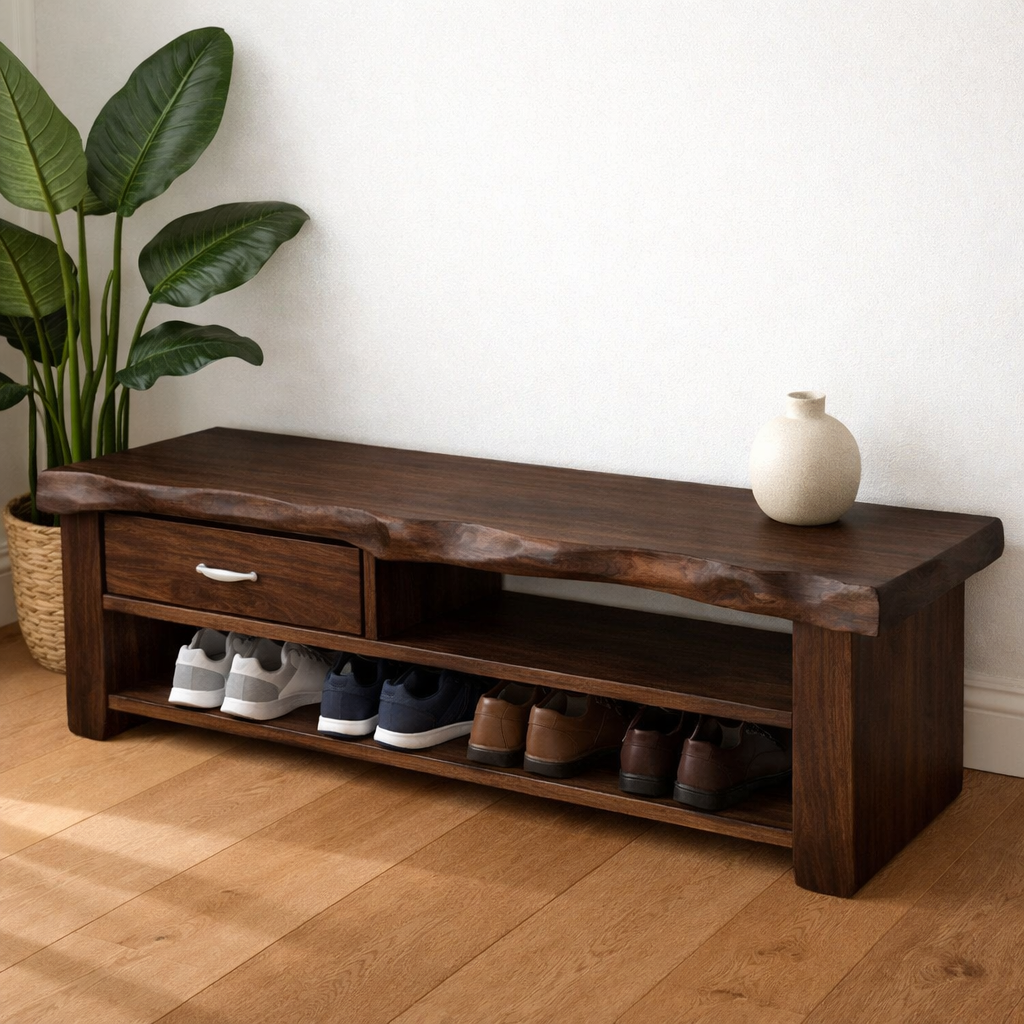 Solid Wood Shoe Storage Bench – Live Edge Entryway Bench with Drawer and Shelf