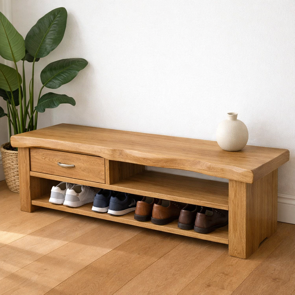 Solid Wood Shoe Storage Bench – Live Edge Entryway Bench with Drawer and Shelf