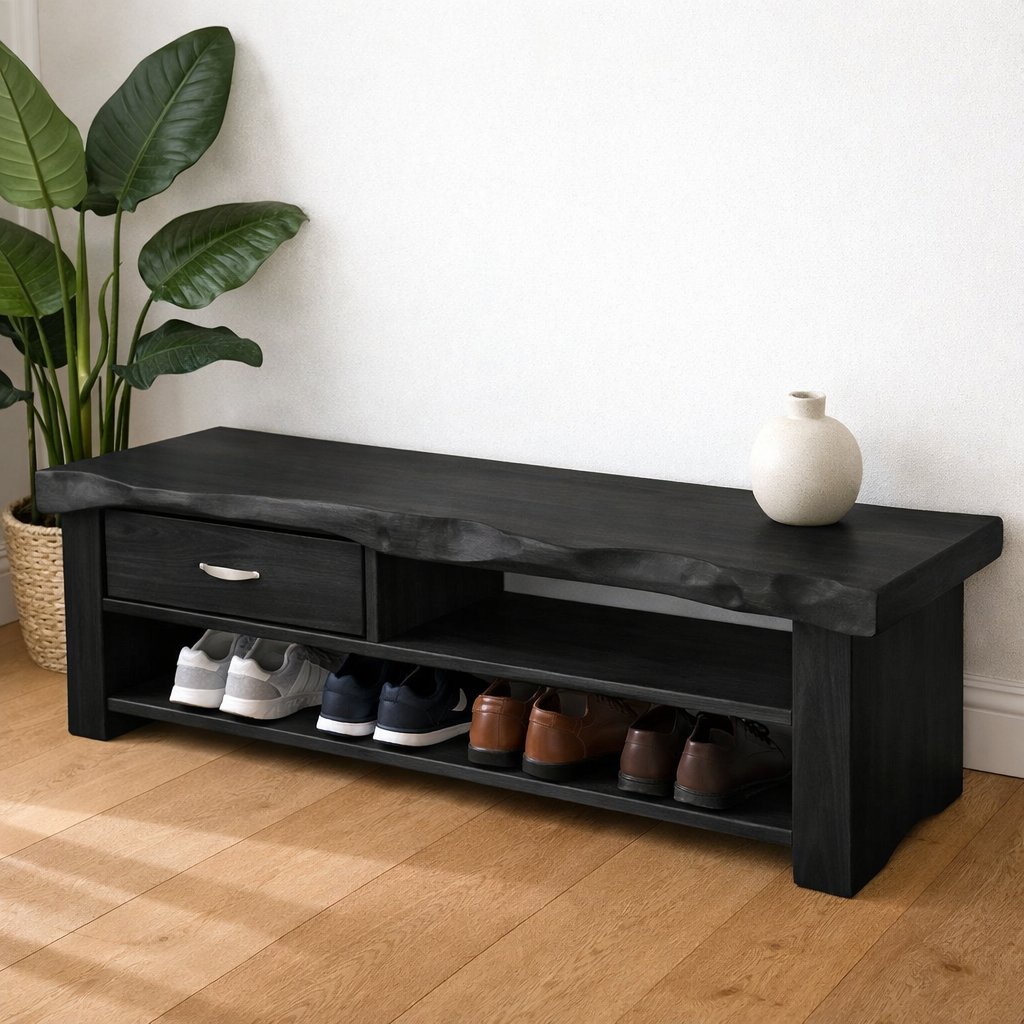 Solid Wood Shoe Storage Bench – Live Edge Entryway Bench with Drawer and Shelf