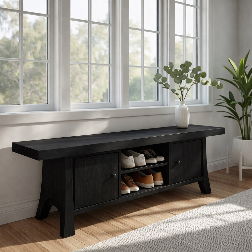 Solid Wood Shoe Storage Bench – Entryway Bench with Cabinet Doors and Open Shelf