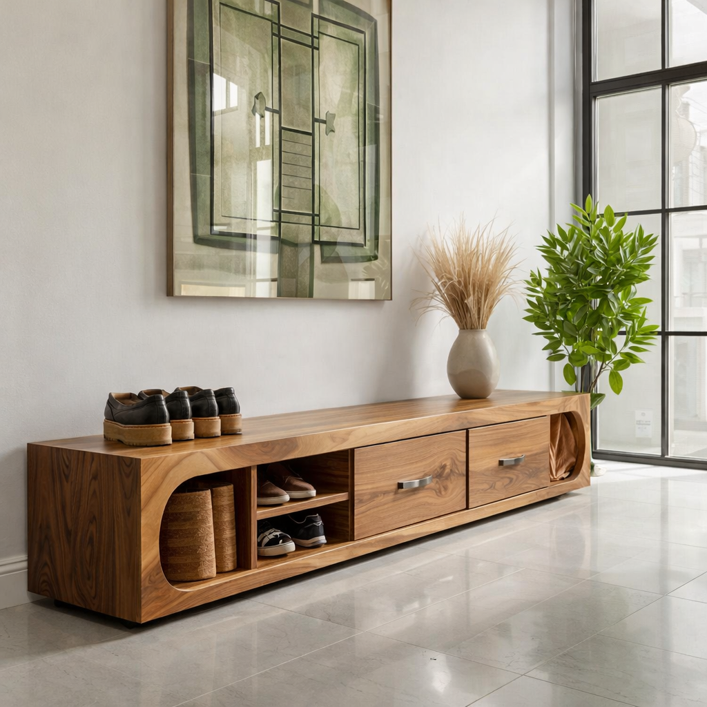 Solid Wood Shoe Storage Bench – Modern Entryway Bench with Drawers and Open Shelf