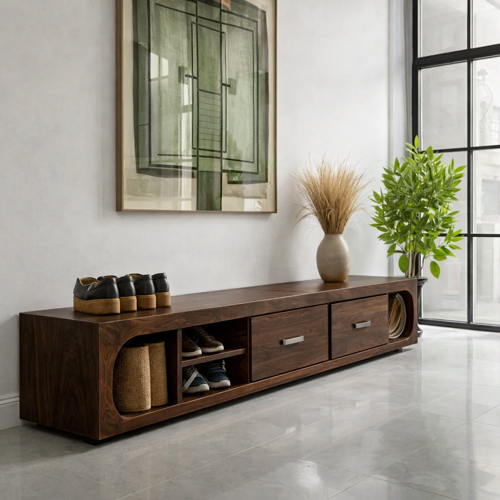 Solid Wood Shoe Storage Bench – Modern Entryway Bench with Drawers and Open Shelf