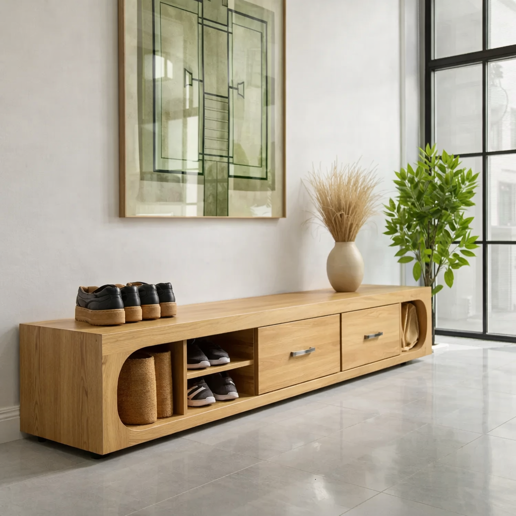 Solid Wood Shoe Storage Bench – Modern Entryway Bench with Drawers and Open Shelf