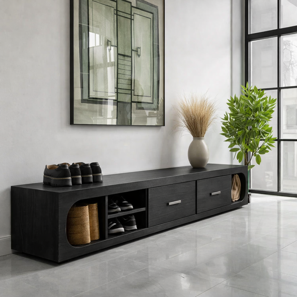 Solid Wood Shoe Storage Bench – Modern Entryway Bench with Drawers and Open Shelf