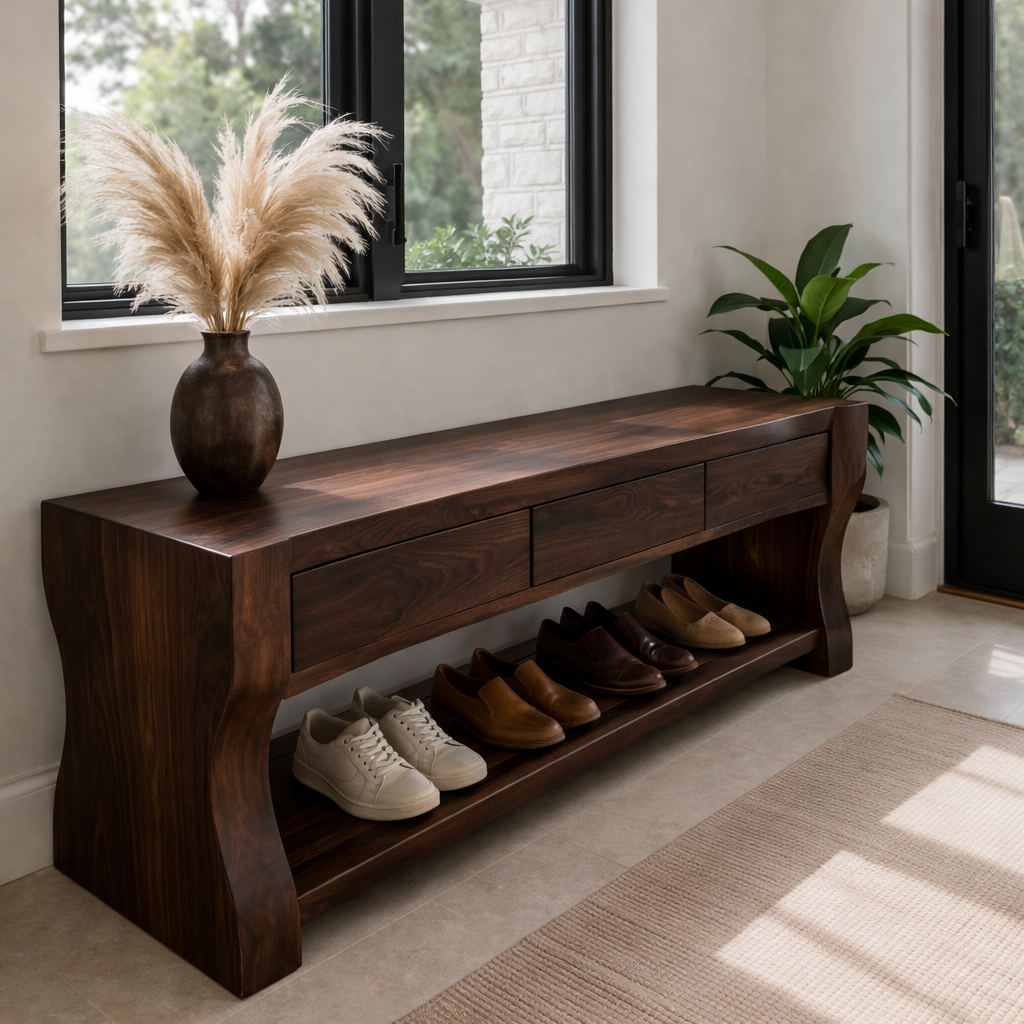 Solid Wood Shoe Bench with Drawers – Modern Walnut Entryway Storage Bench