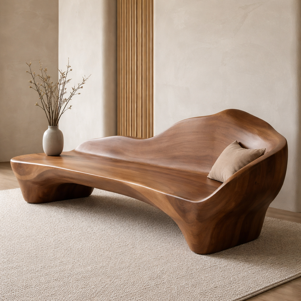 Handcrafted Solid Wood Sofa with Organic Curves – Minimalist Contemporary Statement Furniture