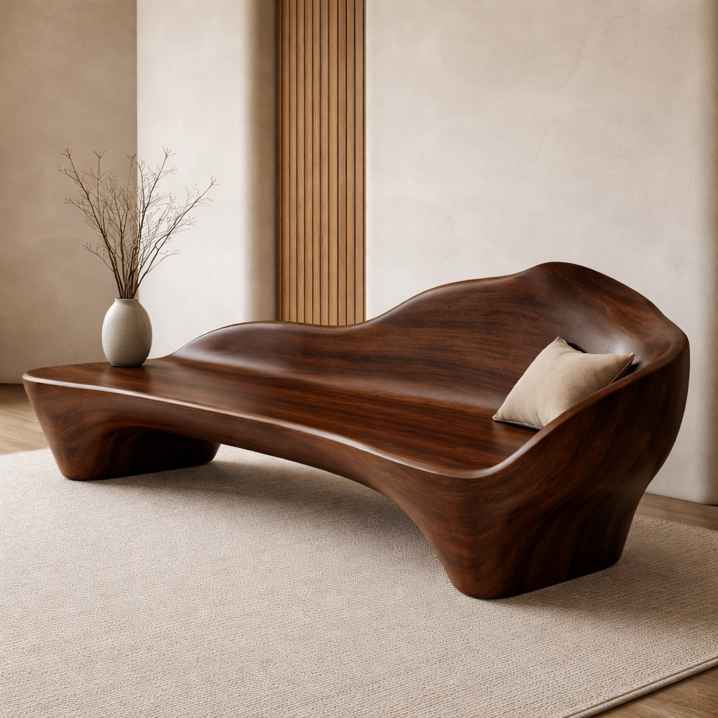 Handcrafted Solid Wood Sofa with Organic Curves – Minimalist Contemporary Statement Furniture