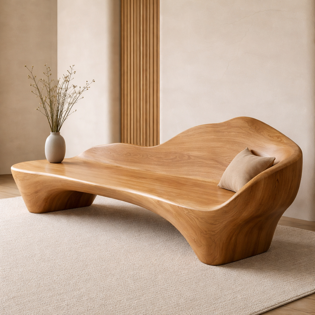 Handcrafted Solid Wood Sofa with Organic Curves – Minimalist Contemporary Statement Furniture