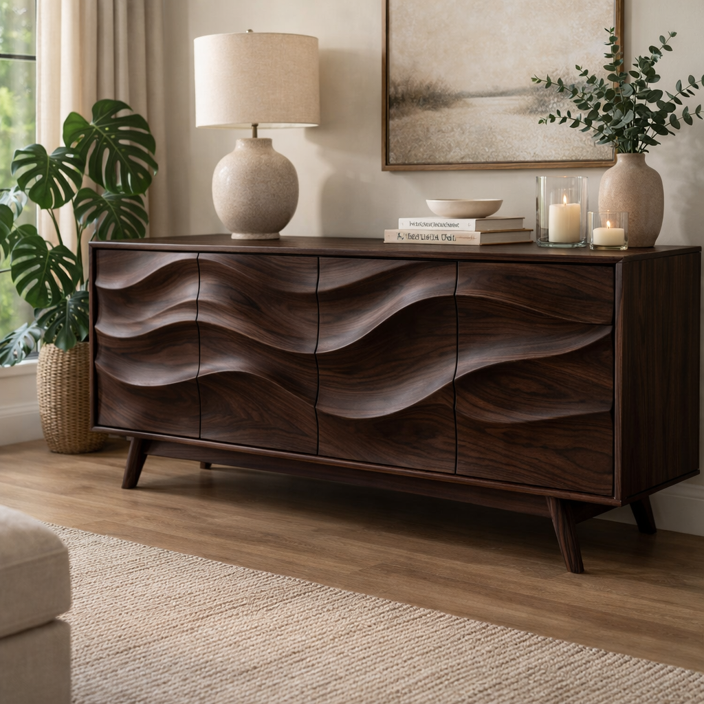 Solid Wood Console Table with Sculptural Wave Front for Modern Living Space