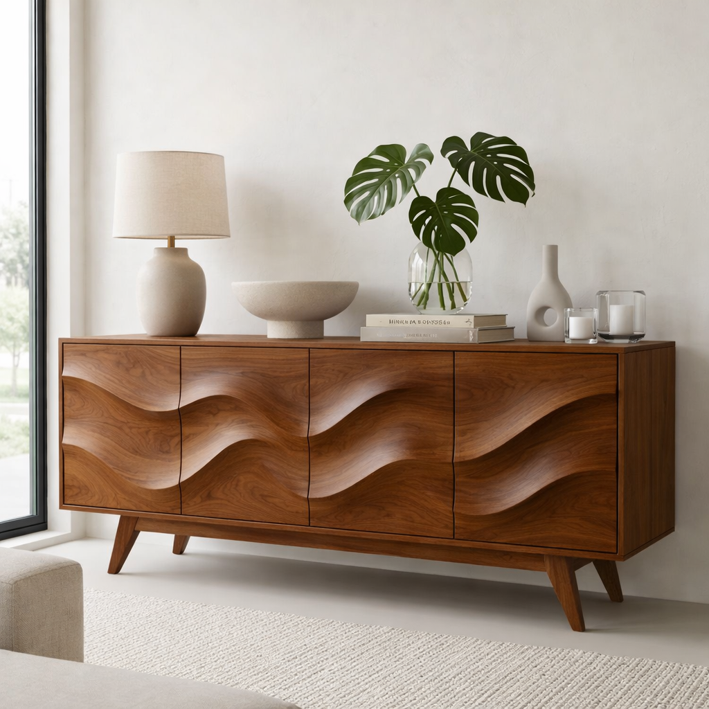 Solid Wood Console Table with Sculptural Wave Front for Modern Entryway