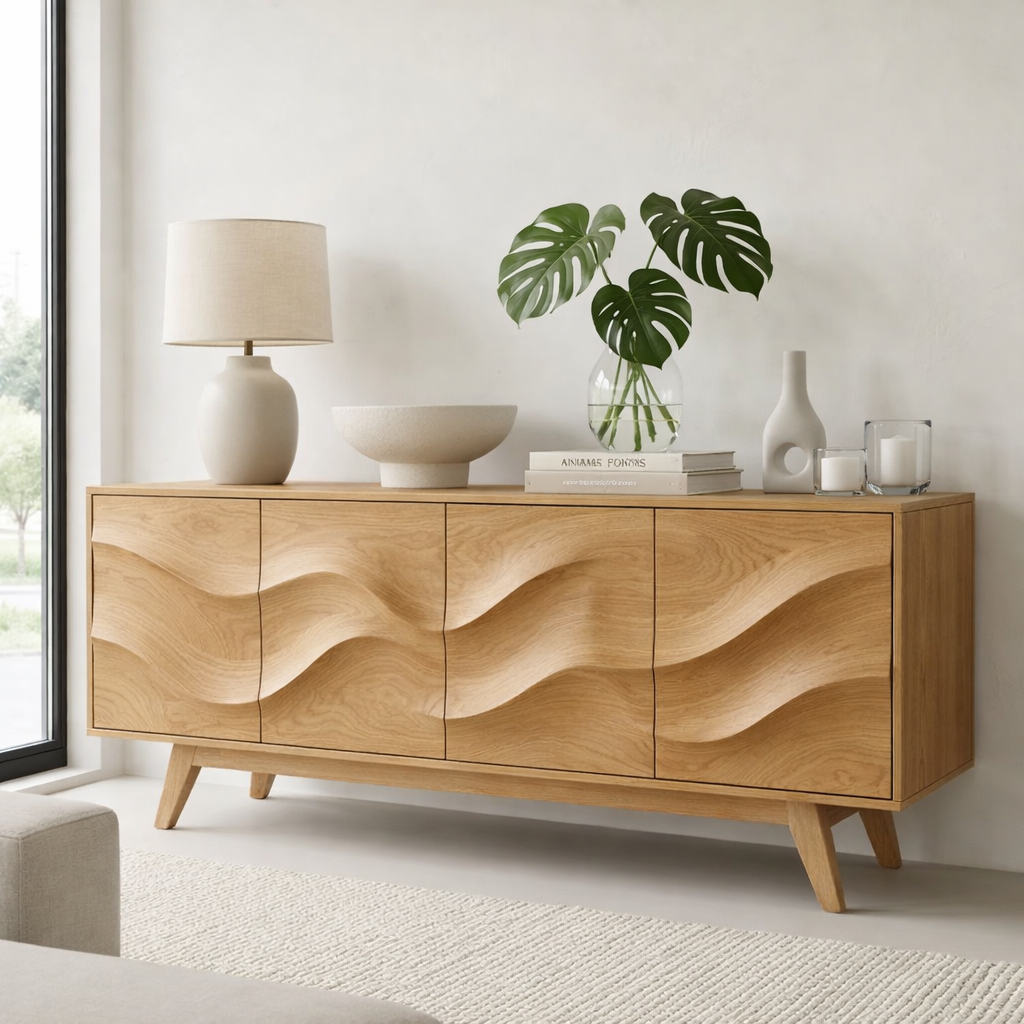 Solid Wood Console Table with Sculptural Wave Front for Modern Entryway