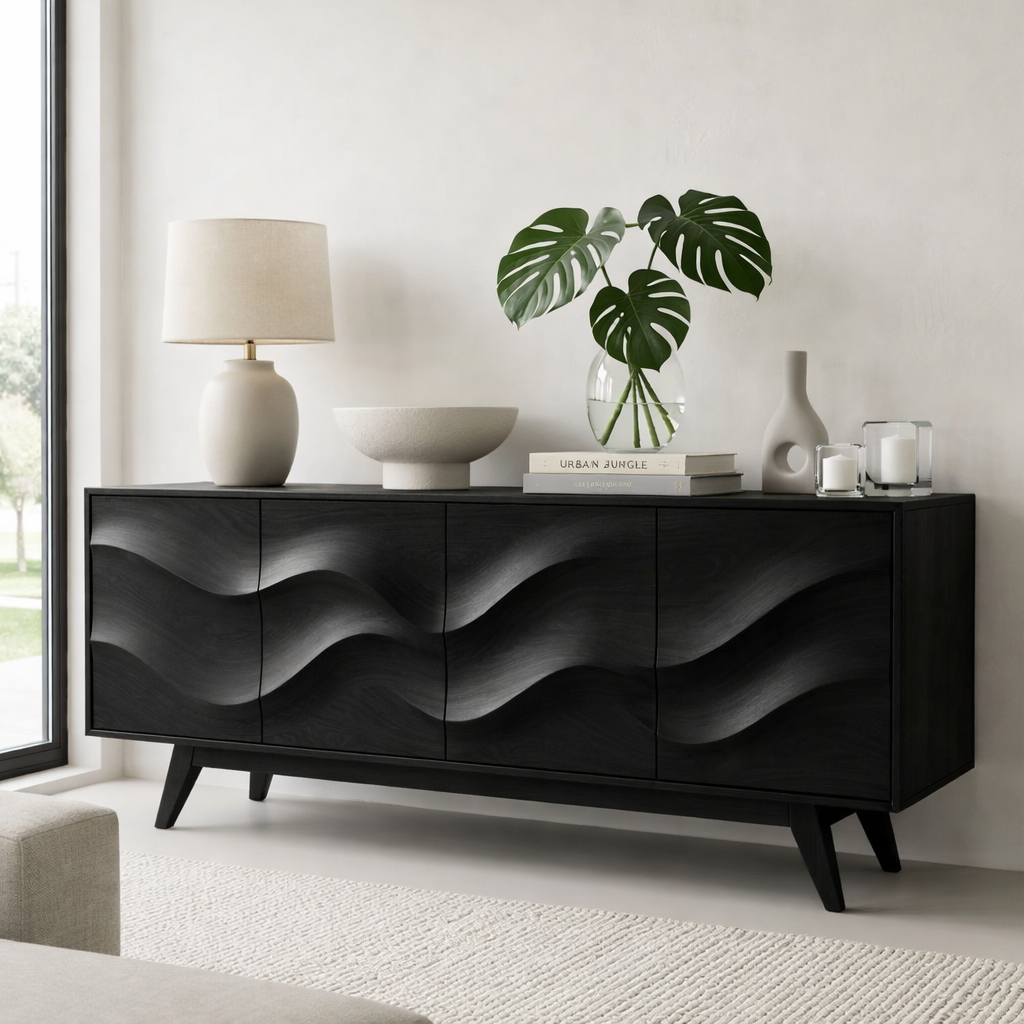 Solid Wood Console Table with Sculptural Wave Front for Modern Entryway