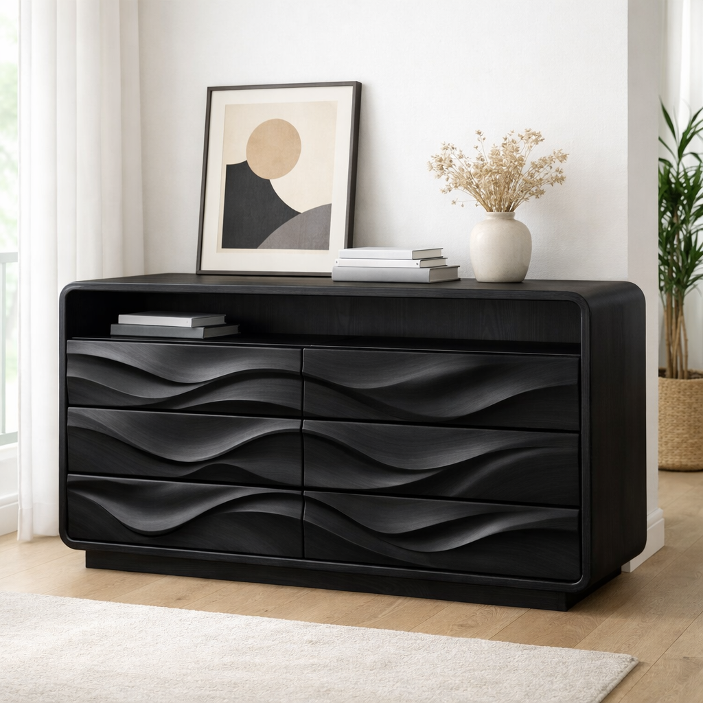 Solid Wood Console Table with Drawer Storage and Sculptural Wave Front Design