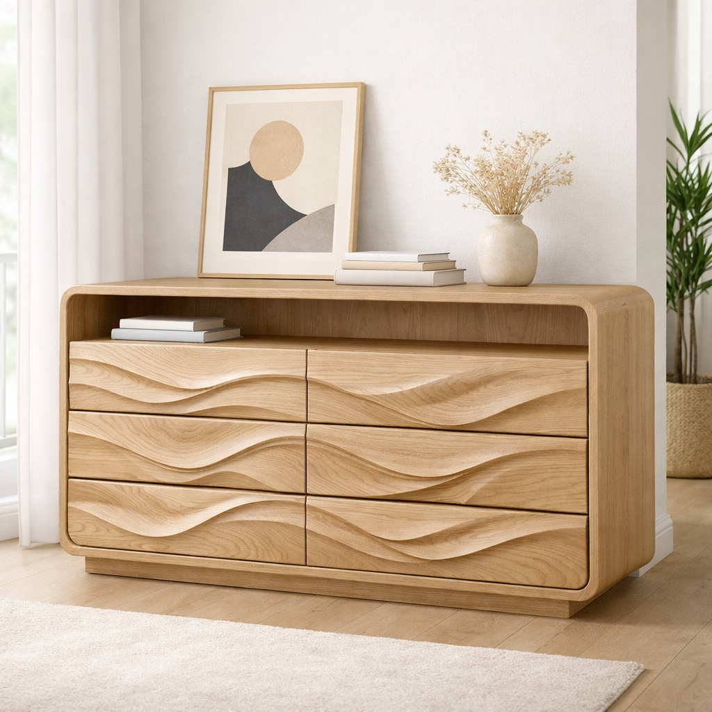 Solid Wood Console Table with Drawer Storage and Sculptural Wave Front Design