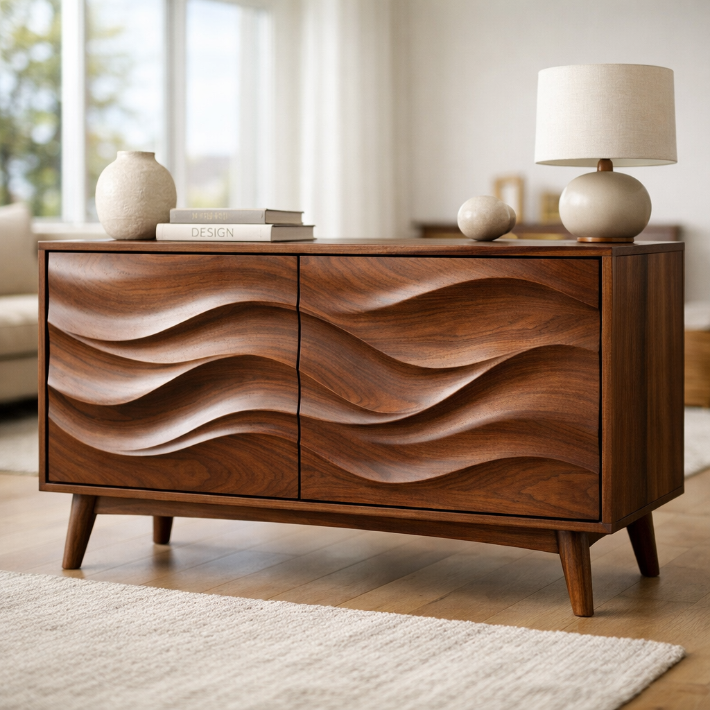 Solid Wood Console Table with Sculptural Wave Doors and Mid-Century Legs
