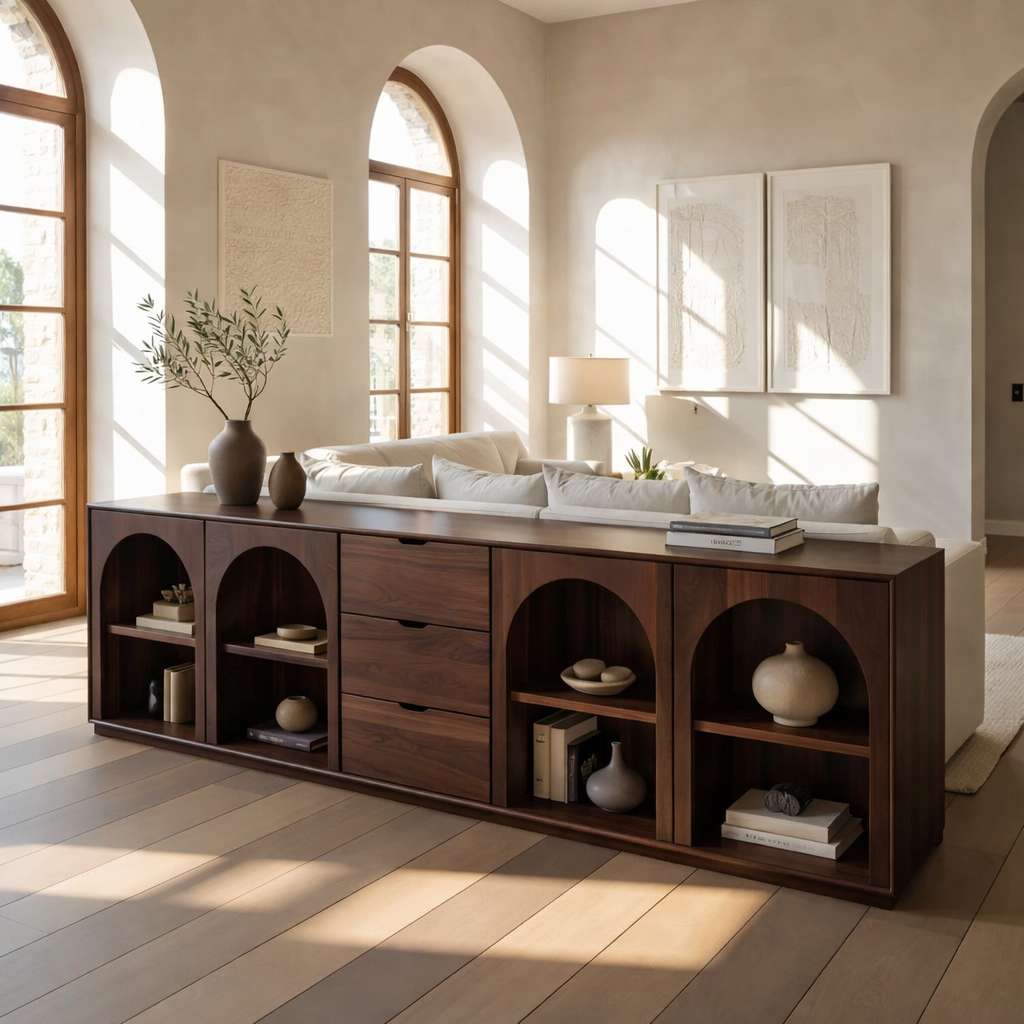 Solid Wood Console Table with Arched Shelves and Center Drawer Storage for Living Room