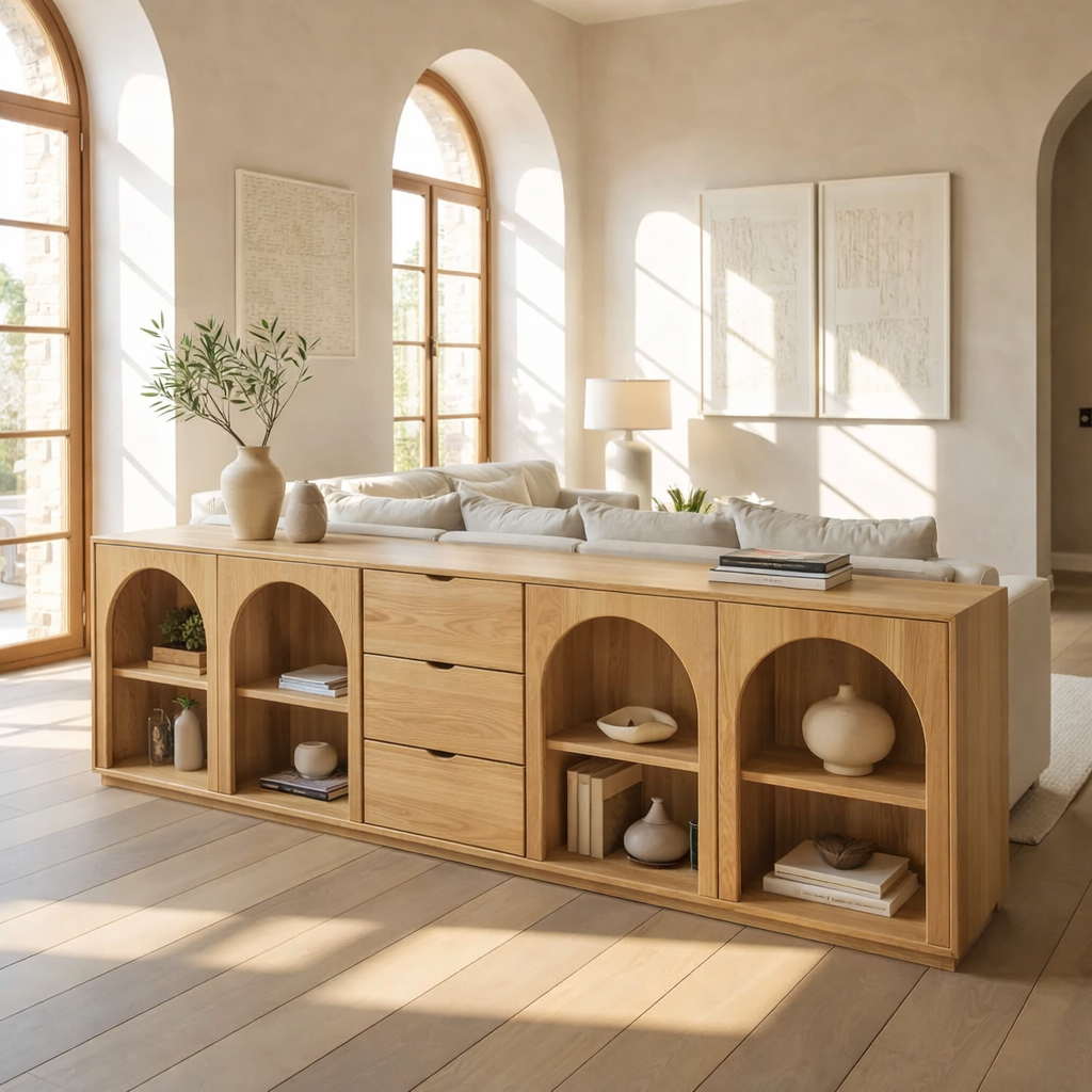 Solid Wood Console Table with Arched Shelves and Center Drawer Storage for Living Room