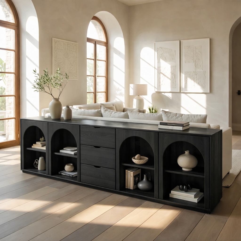 Solid Wood Console Table with Arched Shelves and Center Drawer Storage for Living Room