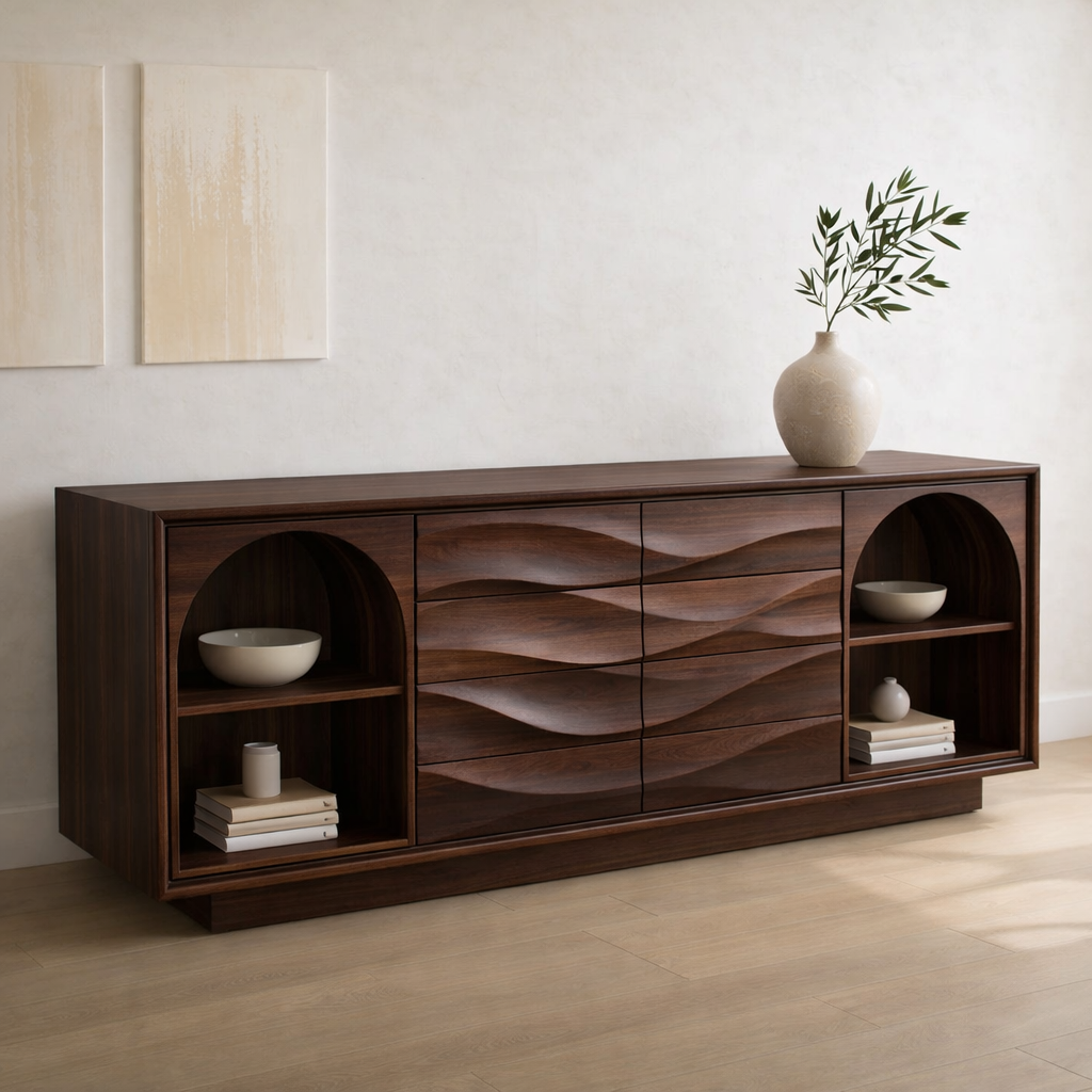 Solid Wood Console Table with Wave Drawer Front and Arched Shelf Storage for Modern Home