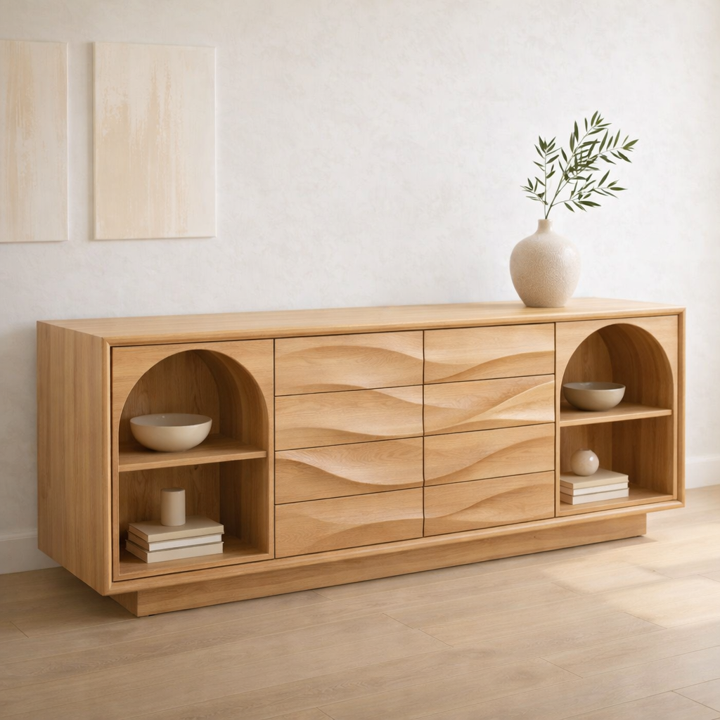 Solid Wood Console Table with Wave Drawer Front and Arched Shelf Storage for Modern Home