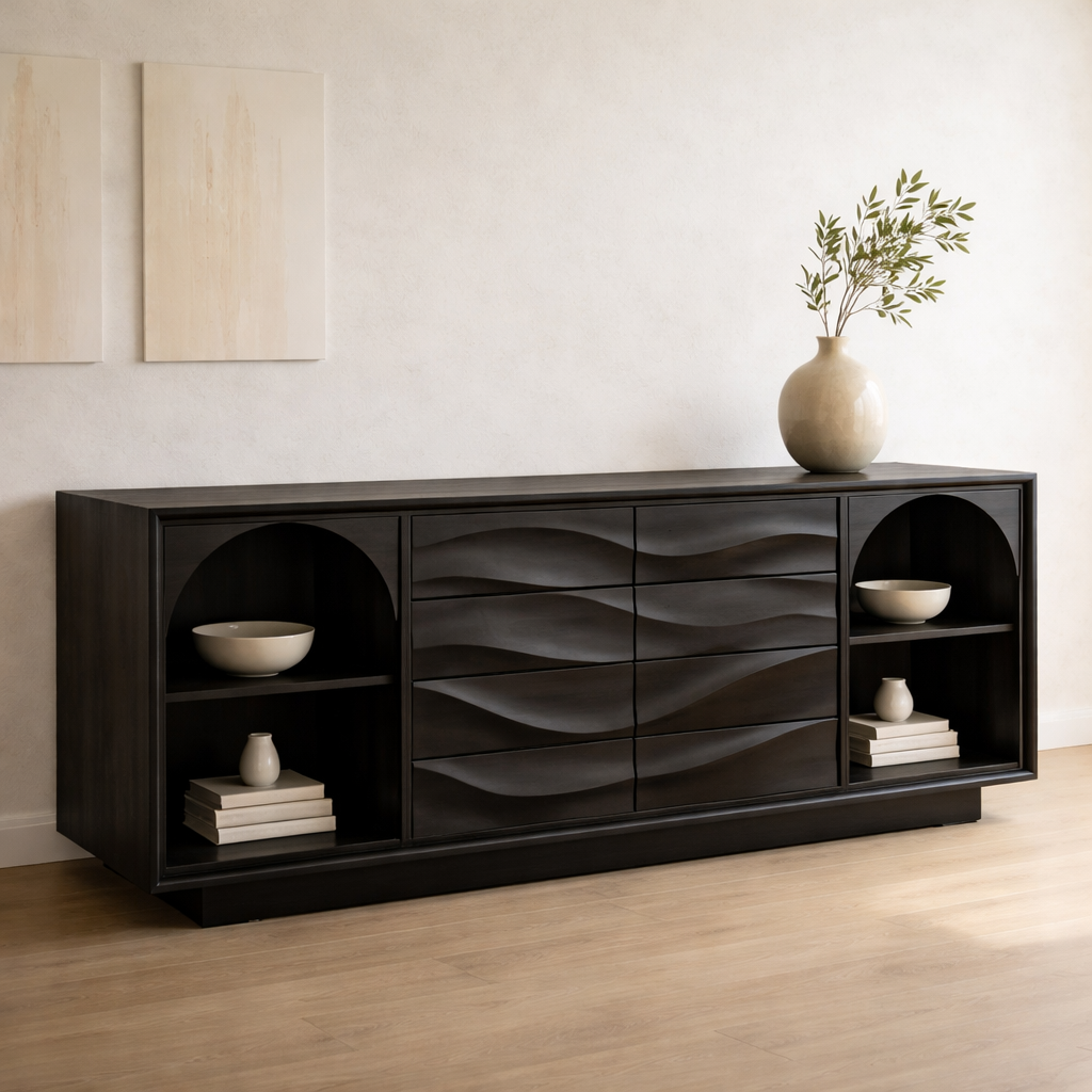 Solid Wood Console Table with Wave Drawer Front and Arched Shelf Storage for Modern Home