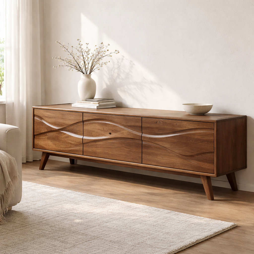 Solid Wood Console Table with Minimal Wave Carved Doors for Modern Living Room