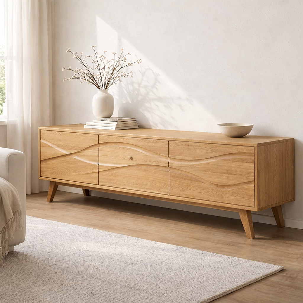 Solid Wood Console Table with Minimal Wave Carved Doors for Modern Living Room