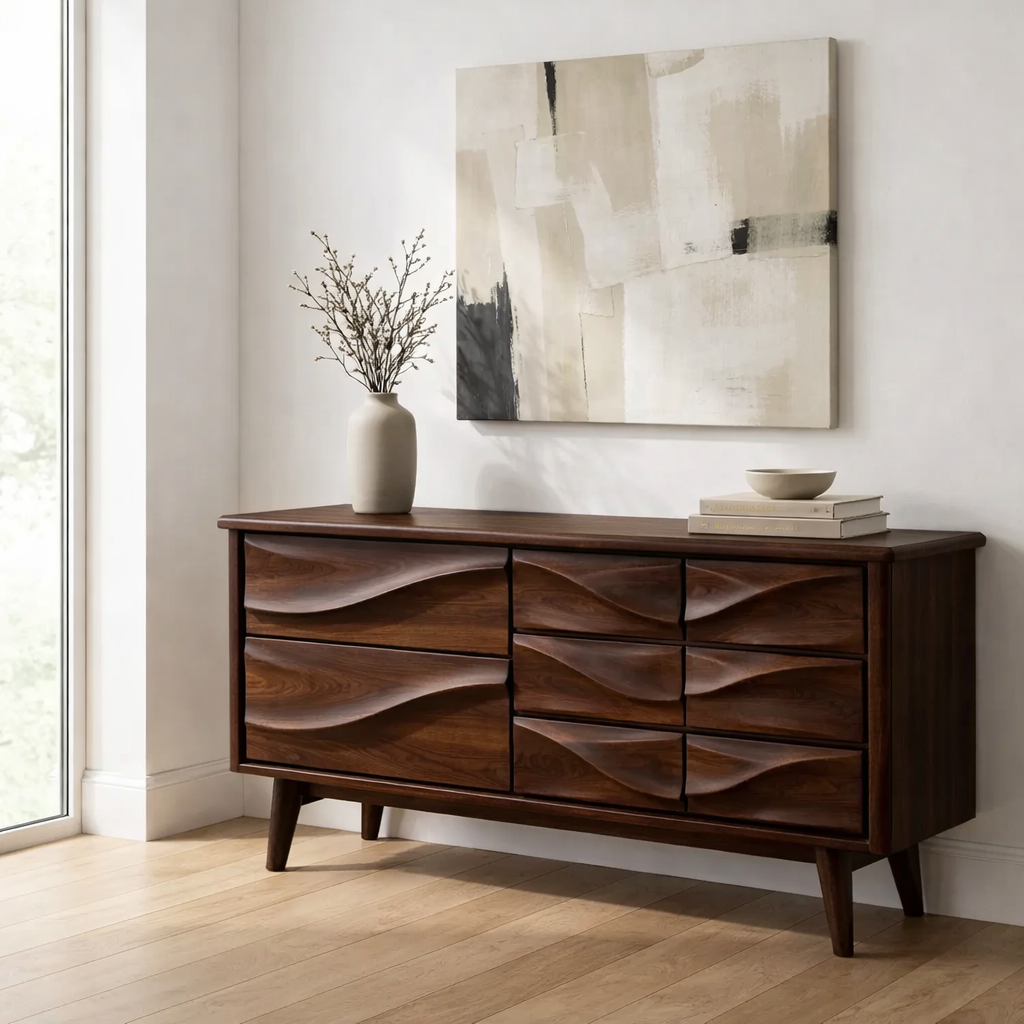 Solid Wood Console Table with Multi Drawer Wave Front Design for Modern Home